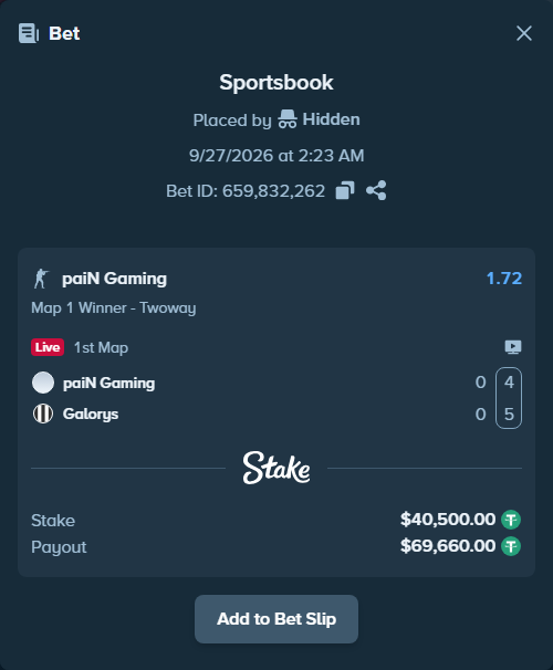 Bet slip: paiN Gaming - Galorys, $40,500.00 stake at 1.72 odds, placed by Hidden