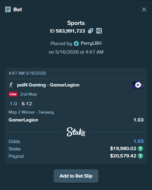Bet slip: paiN Gaming - GamerLegion, $20,000.00 stake at 1.03 odds, placed by PerryLBH