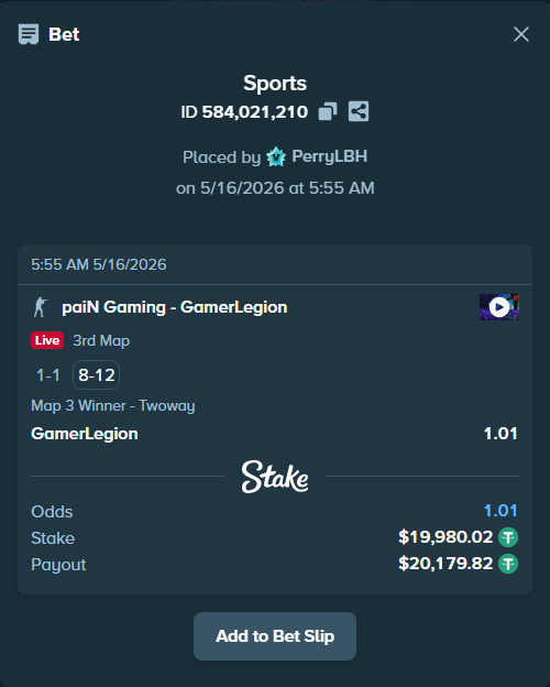 Bet slip: paiN Gaming - GamerLegion, $20,000.00 stake at 1.01 odds, placed by PerryLBH