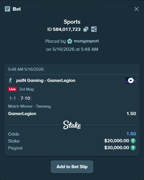 Bet slip: paiN Gaming - GamerLegion, $20,020.00 stake at 1.50 odds, placed by munyasport