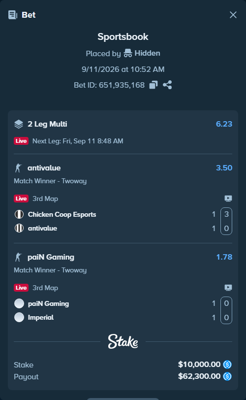 Bet slip: paiN Gaming - Imperial, $10,000.00 stake at 1.78 odds, placed by Hidden