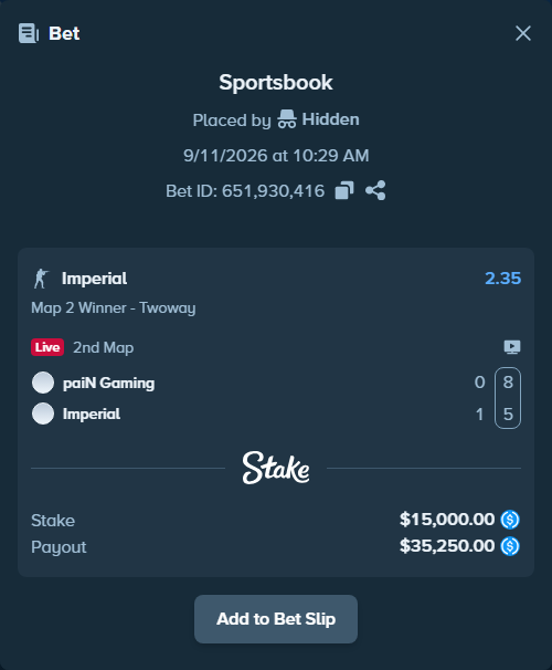 Bet slip: paiN Gaming - Imperial, $15,000.00 stake at 2.35 odds, placed by Hidden