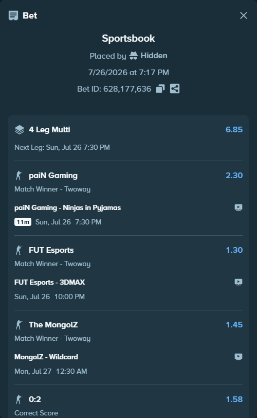 Bet slip: paiN Gaming - Ninjas in Pyjamas, $14,545.35 stake at 2.30 odds, placed by Hidden
