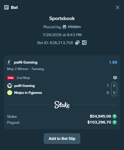 Bet slip: paiN Gaming - Ninjas in Pyjamas, $55,000.00 stake at 1.88 odds, placed by Hidden