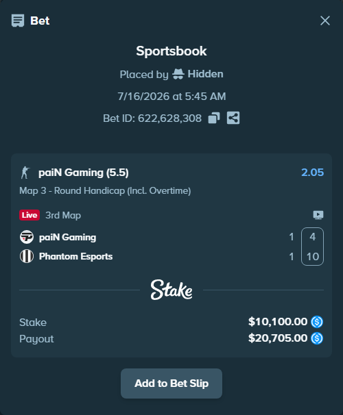 Bet slip: paiN Gaming - Phantom Esports, $10,100.00 stake at 2.05 odds, placed by Hidden