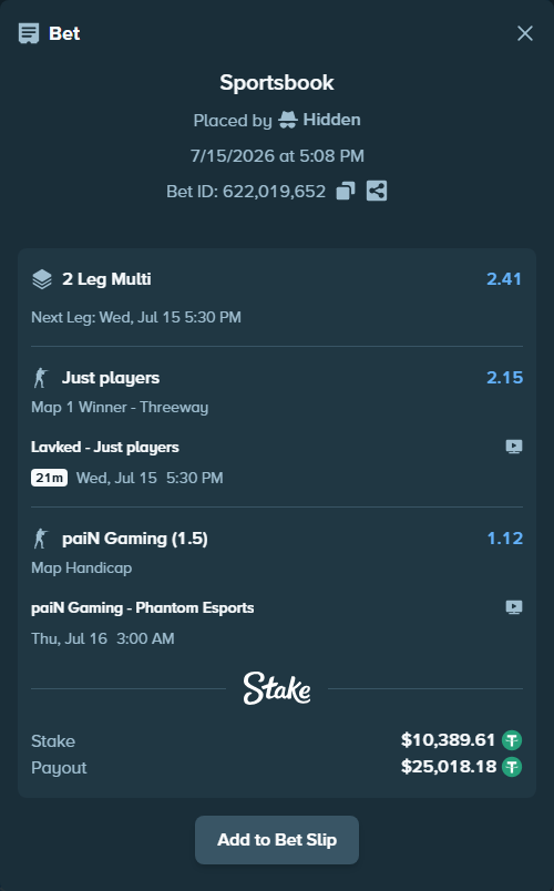 Bet slip: paiN Gaming - Phantom Esports, $10,400.00 stake at 1.12 odds, placed by Hidden