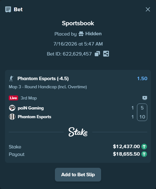 Bet slip: paiN Gaming - Phantom Esports, $12,437.00 stake at 1.50 odds, placed by Hidden