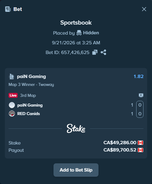 Bet slip: paiN Gaming - RED Canids, $36,471.64 stake at 1.82 odds, placed by Hidden