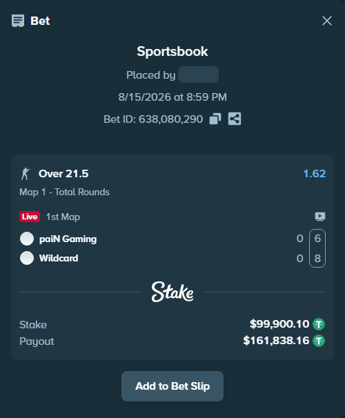 Bet slip: paiN Gaming - Wildcard, $100,000.00 stake at 1.62 odds, placed by GoldenKot