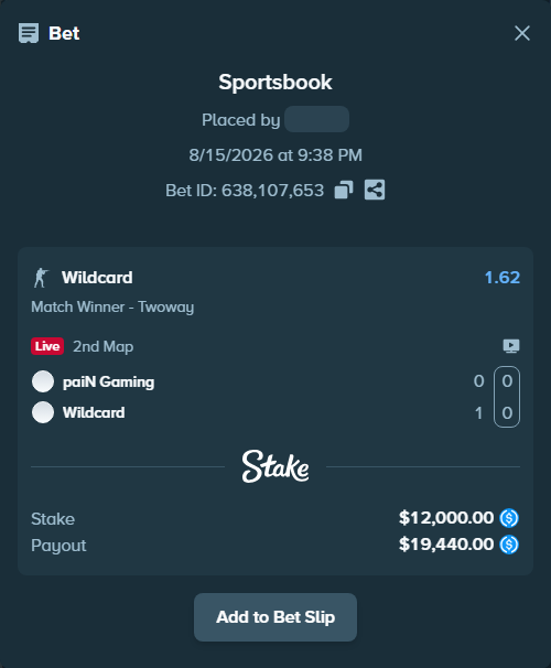 Bet slip: paiN Gaming - Wildcard, $12,000.00 stake at 1.62 odds, placed by Hoggtann