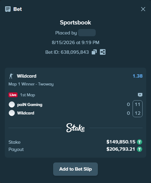 Bet slip: paiN Gaming - Wildcard, $150,000.00 stake at 1.38 odds, placed by GoldenKot