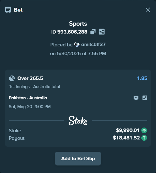Bet slip: Pakistan - Australia, $10,000.00 stake at 1.85 odds, placed by amitcbtf37