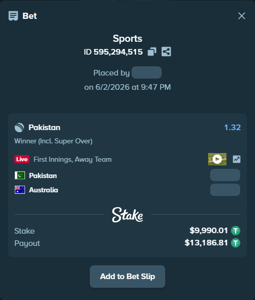 Bet slip: Pakistan - Australia, $10,000.00 stake at 1.32 odds, placed by mridul365365