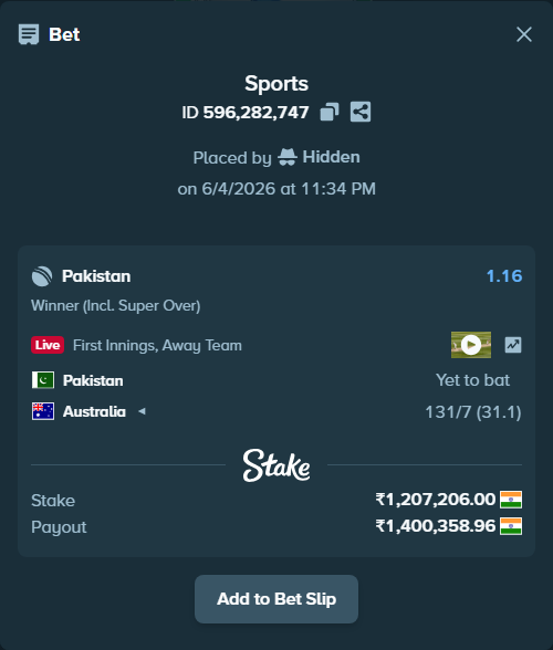 Bet slip: Pakistan - Australia, $14,486.47 stake at 1.16 odds, placed by Hidden