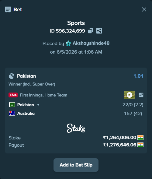 Bet slip: Pakistan - Australia, $15,168.07 stake at 1.01 odds, placed by Akshayshinde48