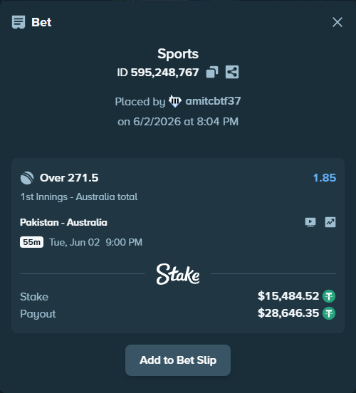 Bet slip: Pakistan - Australia, $15,500.00 stake at 1.85 odds, placed by amitcbtf37