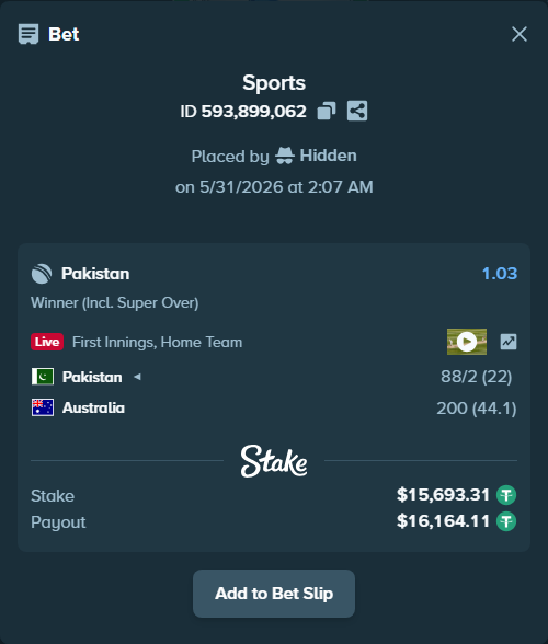Bet slip: Pakistan - Australia, $15,709.00 stake at 1.03 odds, placed by Hidden