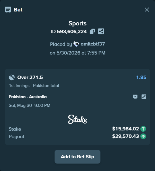 Bet slip: Pakistan - Australia, $16,000.00 stake at 1.85 odds, placed by amitcbtf37