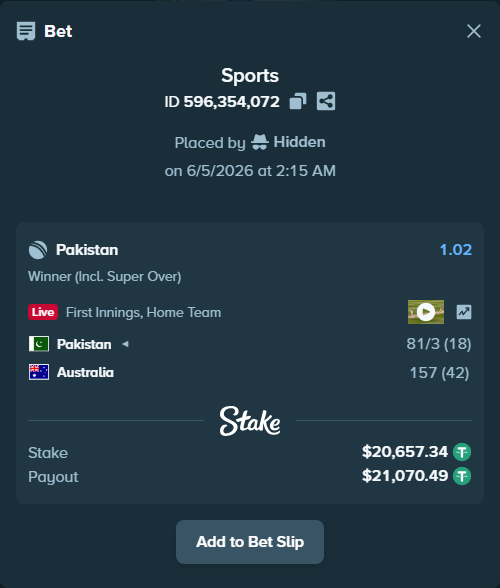 Bet slip: Pakistan - Australia, $20,678.00 stake at 1.02 odds, placed by Hidden