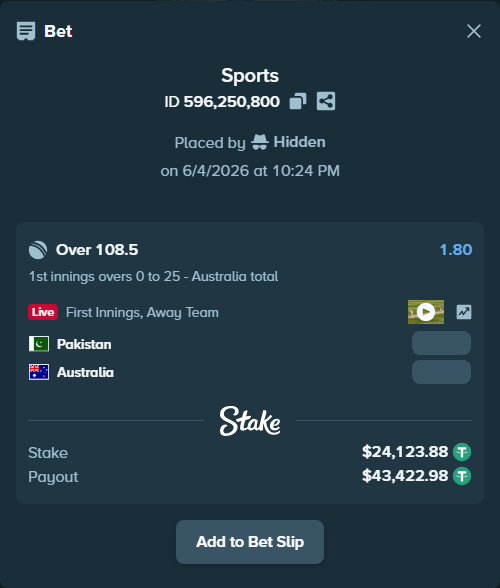 Bet slip: Pakistan - Australia, $24,148.00 stake at 1.80 odds, placed by Hidden