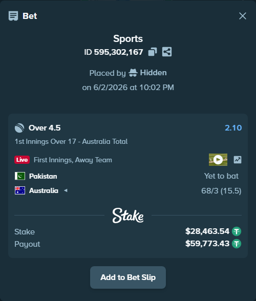 Bet slip: Pakistan - Australia, $28,492.00 stake at 2.10 odds, placed by Hidden