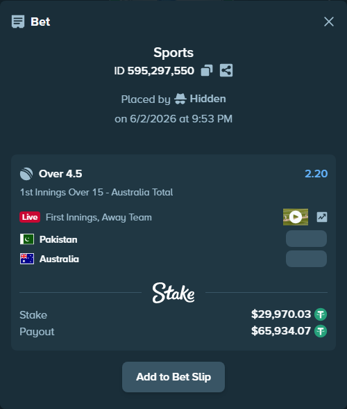 Bet slip: Pakistan - Australia, $30,000.00 stake at 2.20 odds, placed by Hidden