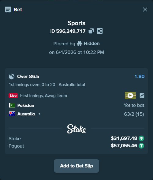 Bet slip: Pakistan - Australia, $31,729.18 stake at 1.80 odds, placed by Hidden