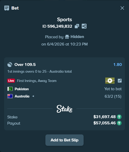 Bet slip: Pakistan - Australia, $31,729.18 stake at 1.80 odds, placed by Hidden