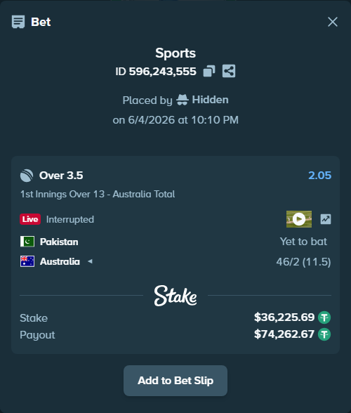 Bet slip: Pakistan - Australia, $36,261.92 stake at 2.05 odds, placed by Hidden