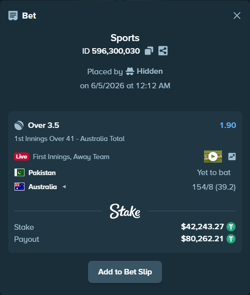Bet slip: Pakistan - Australia, $42,285.51 stake at 1.90 odds, placed by Hidden