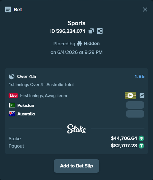 Bet slip: Pakistan - Australia, $44,751.35 stake at 1.85 odds, placed by Hidden