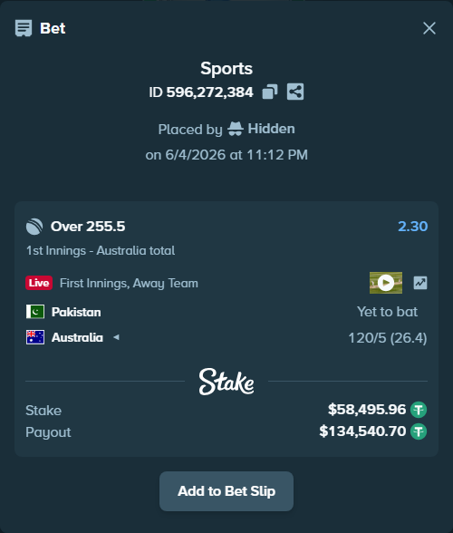 Bet slip: Pakistan - Australia, $58,554.45 stake at 2.30 odds, placed by Hidden