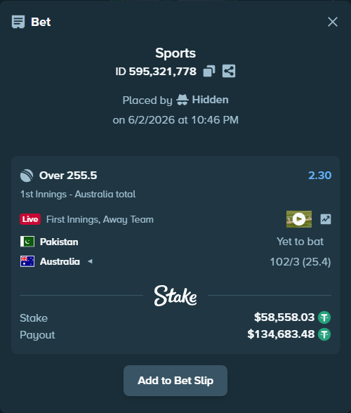 Bet slip: Pakistan - Australia, $58,616.59 stake at 2.30 odds, placed by Hidden
