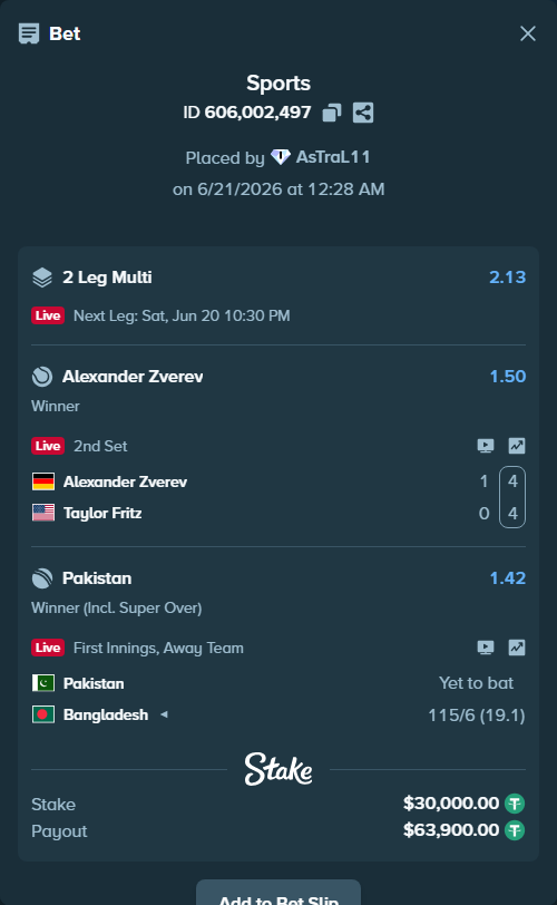Bet slip: Pakistan - Bangladesh, $30,030.00 stake at 1.42 odds, placed by AsTraL11