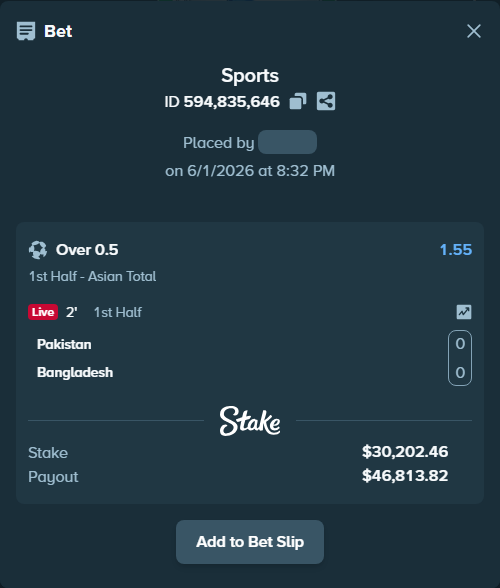 Bet slip: Pakistan - Bangladesh, $26,734.64 stake at 1.55 odds, placed by ninafreak