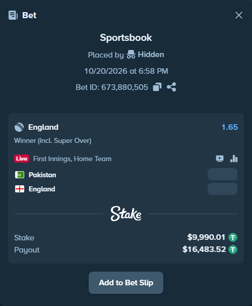 Bet slip: Pakistan - England, $10,000.00 stake at 1.65 odds, placed by Hidden