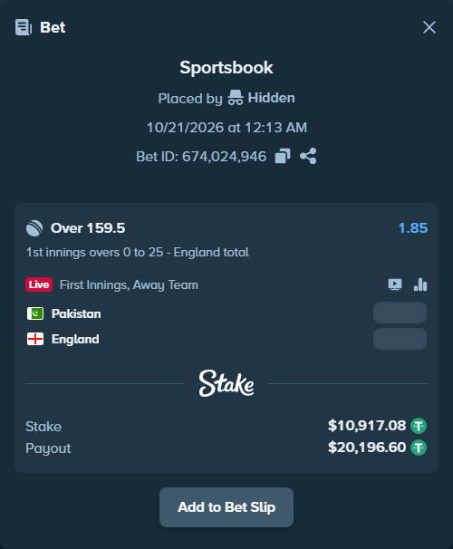 Bet slip: Pakistan - England, $10,928.00 stake at 1.85 odds, placed by amitcbtf37