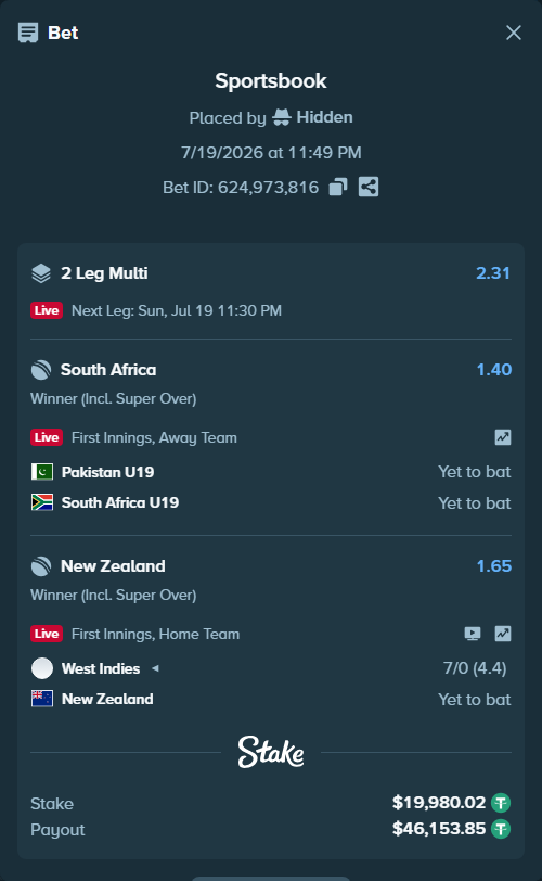 Bet slip: Pakistan - South Africa, $20,000.00 stake at 1.40 odds, placed by Hidden