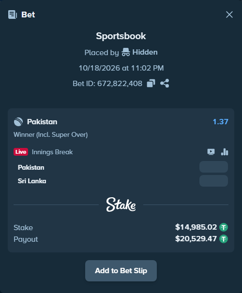 Bet slip: Pakistan - Sri Lanka, $15,000.00 stake at 1.37 odds, placed by Hidden