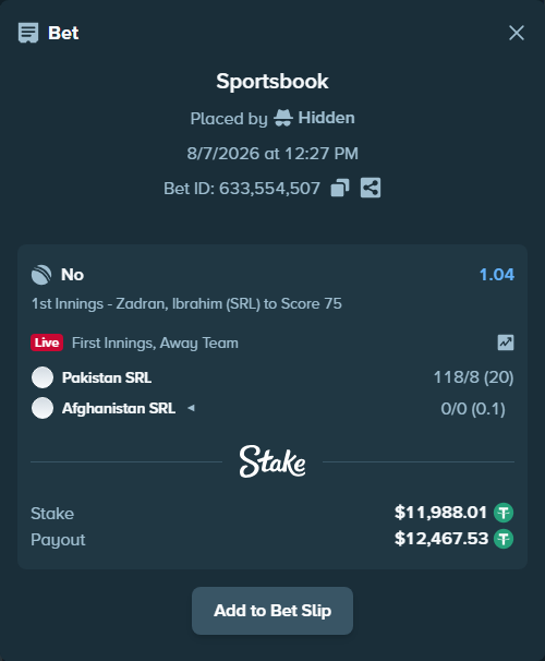 Bet slip: Pakistan SRL - Afghanistan SRL, $12,000.00 stake at 1.04 odds, placed by Hidden