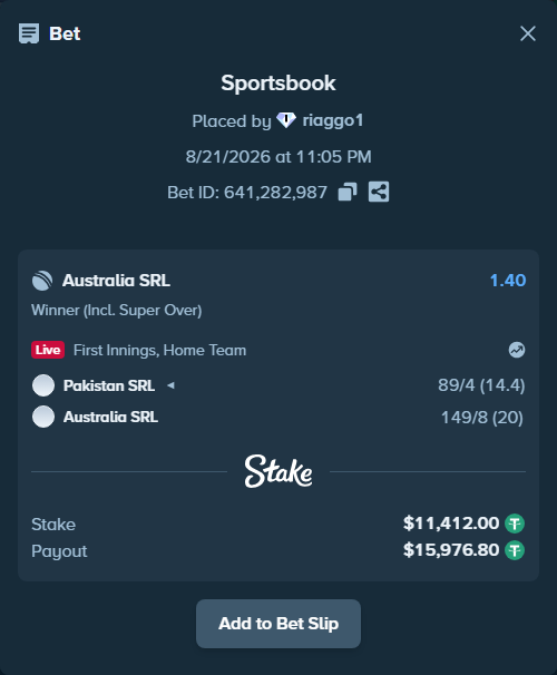Bet slip: Pakistan SRL - Australia SRL, $11,412.00 stake at 1.40 odds, placed by riaggo1