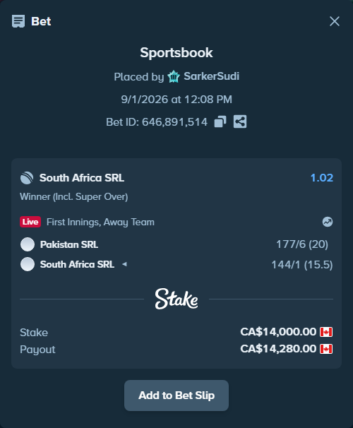 Bet slip: Pakistan SRL - South Africa SRL, $10,360.00 stake at 1.02 odds, placed by SarkerSudi