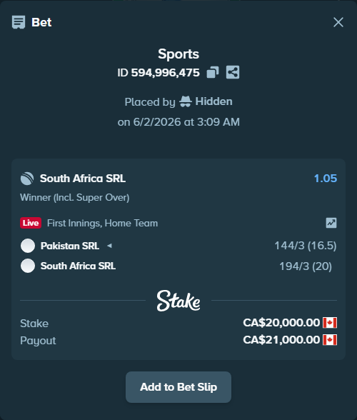 Bet slip: Pakistan SRL - South Africa SRL, $14,800.00 stake at 1.05 odds, placed by Hidden