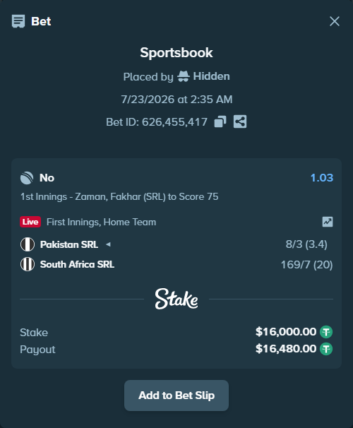 Bet slip: Pakistan SRL - South Africa SRL, $16,000.00 stake at 1.03 odds, placed by Hidden