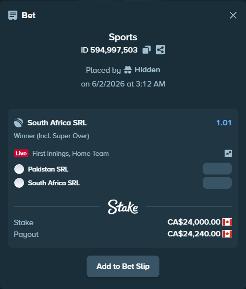 Bet slip: Pakistan SRL - South Africa SRL, $17,760.00 stake at 1.01 odds, placed by Hidden