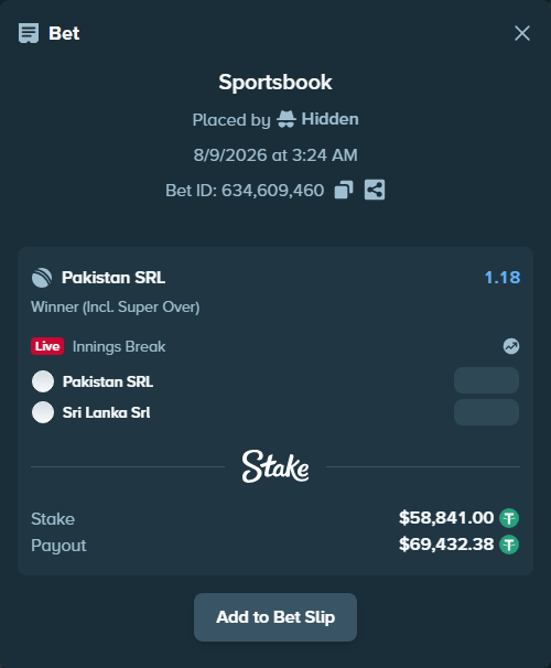 Bet slip: Pakistan SRL - Sri Lanka SRL, $58,899.84 stake at 1.18 odds, placed by Hidden