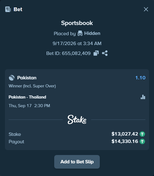 Bet slip: Pakistan - Thailand, $13,027.42 stake at 1.10 odds, placed by Hidden
