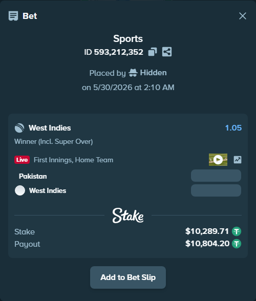 Bet slip: Pakistan - West Indies, $10,300.00 stake at 1.05 odds, placed by Hidden