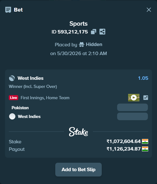 Bet slip: Pakistan - West Indies, $12,871.26 stake at 1.05 odds, placed by Hidden