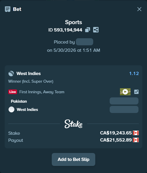 Bet slip: Pakistan - West Indies, $14,240.30 stake at 1.12 odds, placed by Chinujaatjind